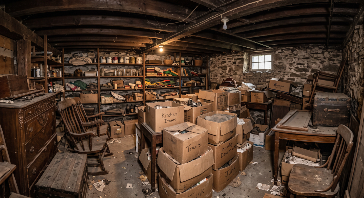 Stone-walled basement packed with boxes and furniture