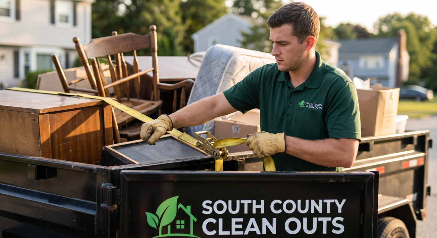Crew loading a cleanout trailer outside a South County home