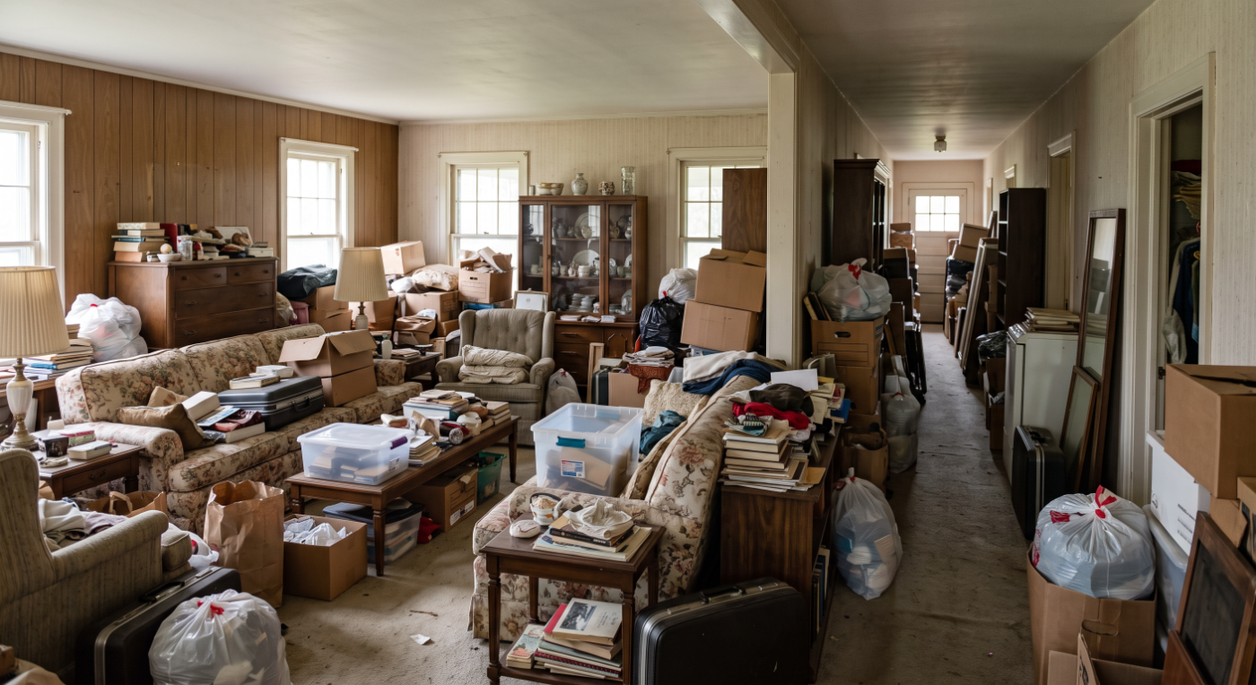 Interior of a home filled with a lifetime of belongings before an estate cleanout