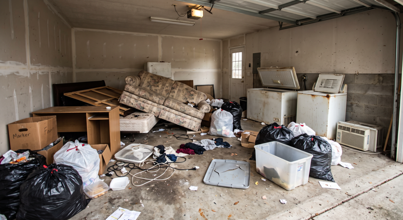 Garage full of debris before a cleanout