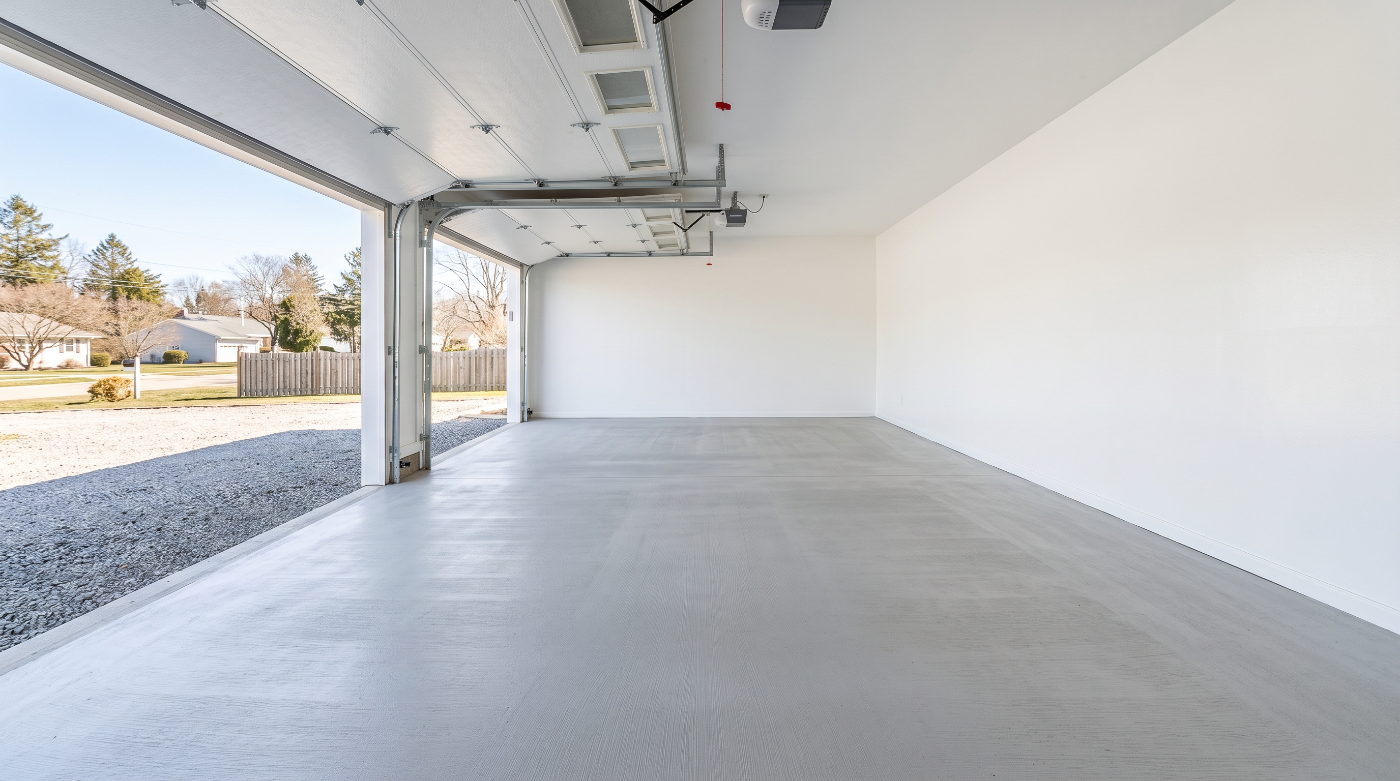 The same garage swept clean and empty