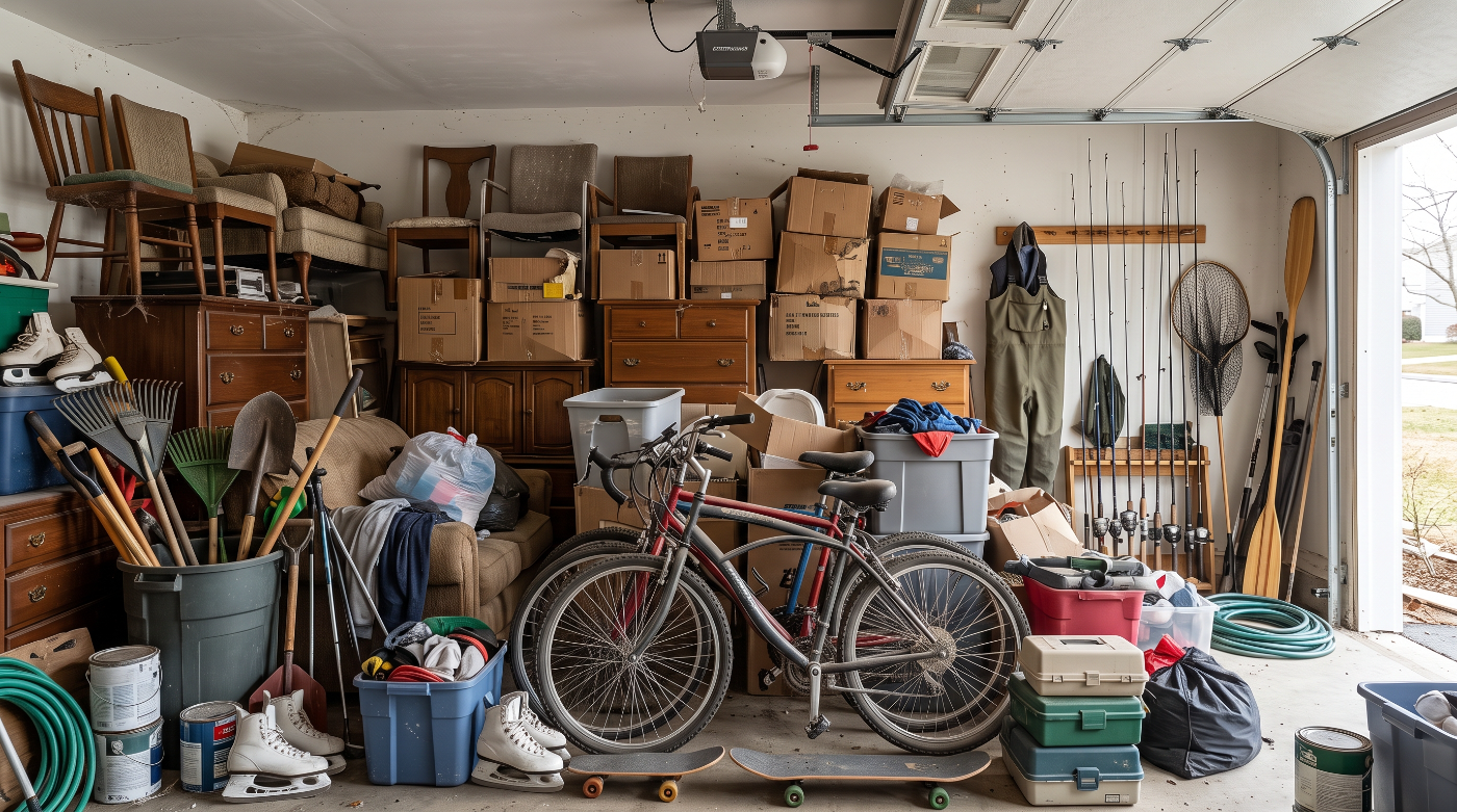 Two-car garage packed floor to ceiling before a cleanout