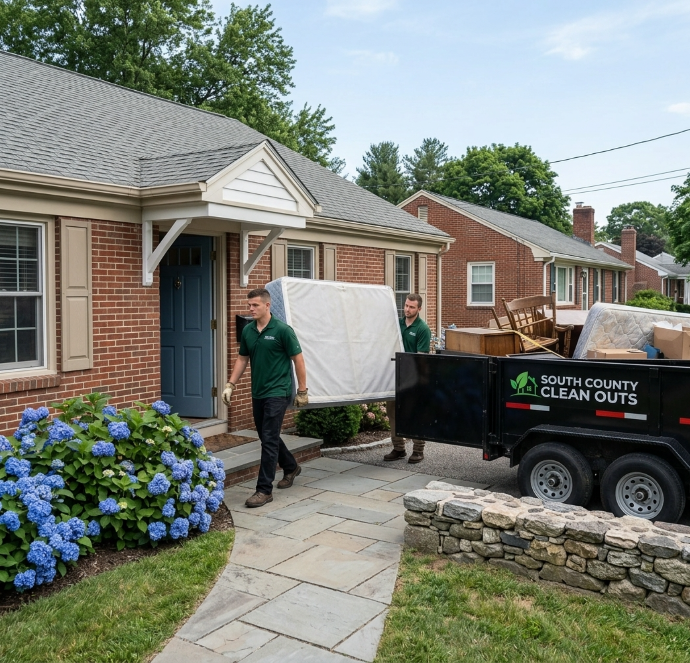 Loaded and tarped cleanout trailer at a property